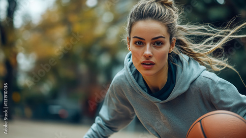 Dynamic Female Basketball Player on a Minimalist Court, Urban Outdoor Sports Theme photo