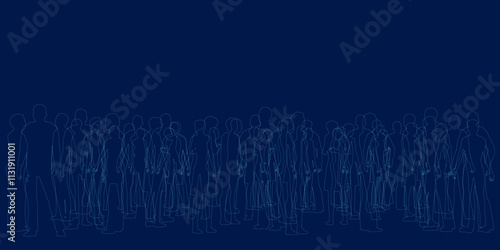 Vector contour of men and a women, a group of standing business people, blue color isolated on dark background