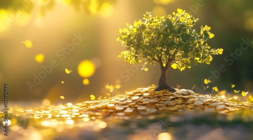 Small tree growing from a pile of gold coins in sunlight. photo