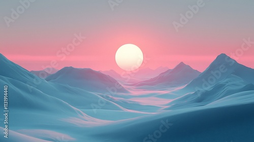 Pastel mountain landscape at sunrise.  A digital 