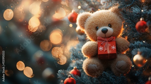 Teddy bear with gift on Christmas tree.