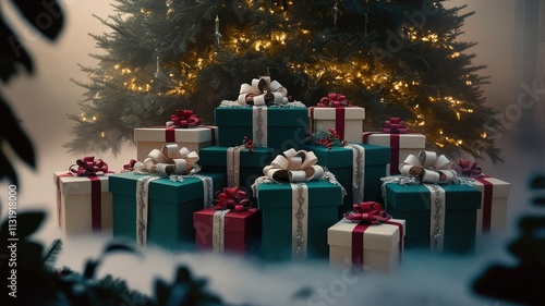 Brightly wrapped presents with colorful bows sit under a decorated Christmas tree, surrounded by soft mist and warm lights, creating a festive and inviting atmosphere for the holidays. photo