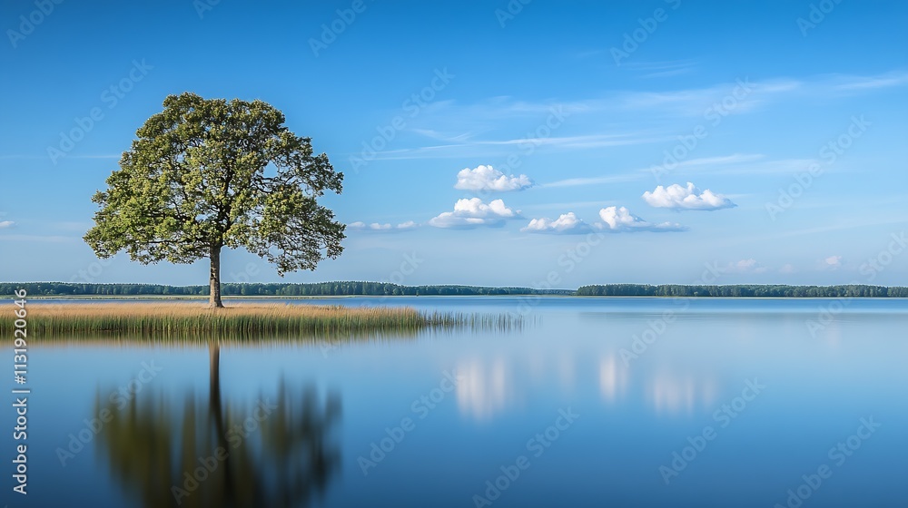 Obraz premium Serene Landscape with Lone Tree against Calm Lake and Clear Sky Reflection : Generative AI