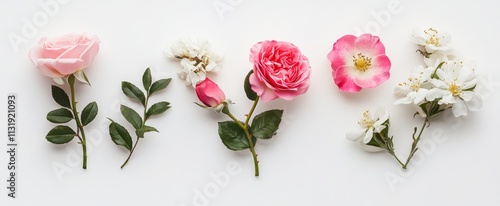 Flat lay of pink and white roses, buds, and greenery on white background.