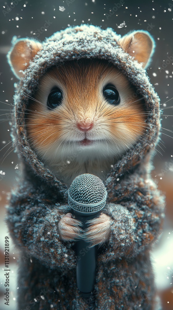 Obraz premium Charming hamster in a cozy sweater holding a microphone under falling snow 