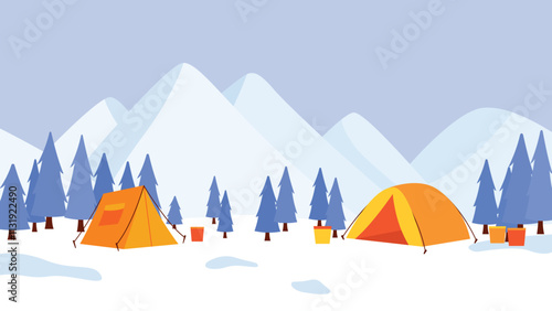 Winter Snow Holiday with Camping Camp Tent in Ice Mountain Nature Landscape with Pine Trees