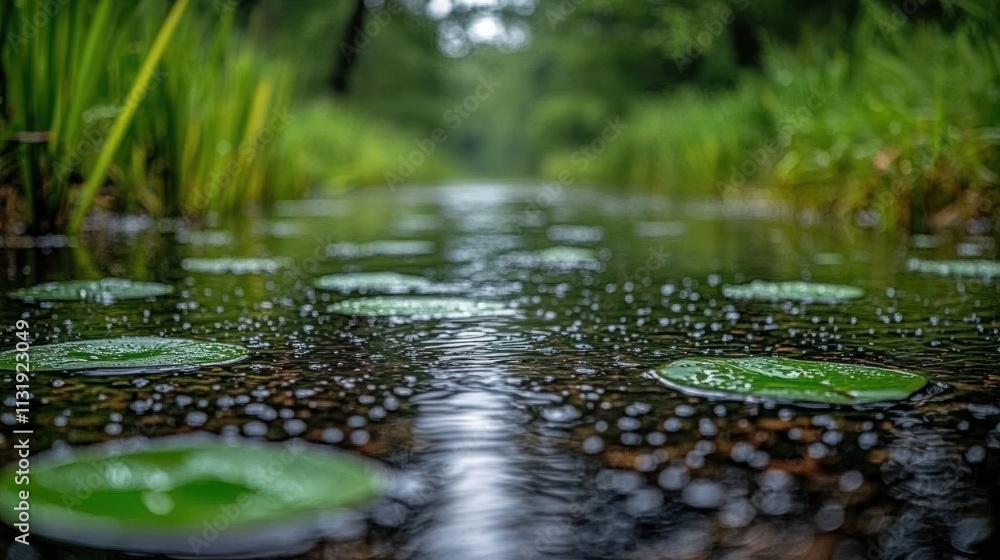 Fototapeta premium Rain on tranquil waterway, lily pads.
