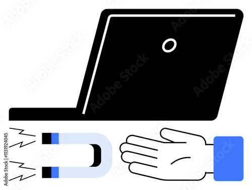 Laptop with magnet and hand representing attracting talent, digital marketing. Ideal for online recruitment, digital marketing, user engagement, technology, innovation, human resources