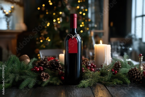 A red wine bottle with a New Year tag tied to its neck, set against a festive table decorated with garlands, pinecones, and a glowing candle centerpiece. photo