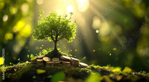 Lush green tree growing from a pile of coins in a sunlit forest. photo