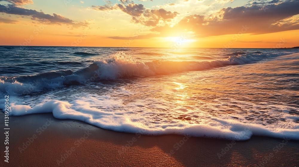 Fototapeta premium Captivating Sunset Over Ocean Waves and Sandy Beach for Romantic Vacations : Generative AI