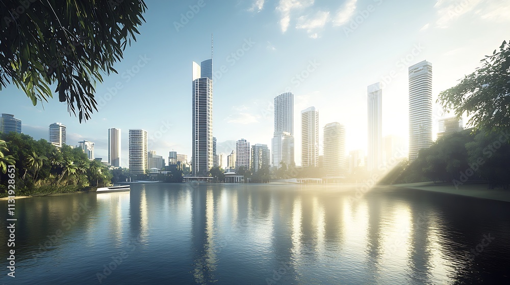 Fototapeta premium Picturesque Urban Skyline Overlooking Peaceful Water at Dawn : Generative AI