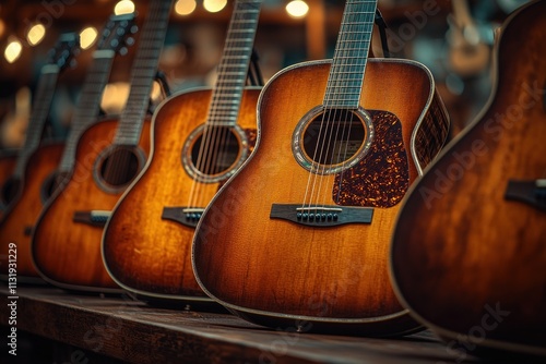 Vintage Guitars Displayed on Wooden Wall in Warm Lighting photo