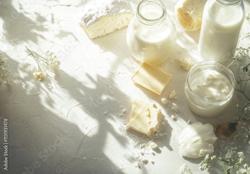 Fresh Dairy Products Displayed on Rustic Surface with Natural Light Highlighting Creamy Textures and Delicate Floral Accents photo