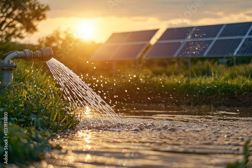 Application Technologies and Agribusiness Concept. Irrigation system watering field with solar panels in background photo