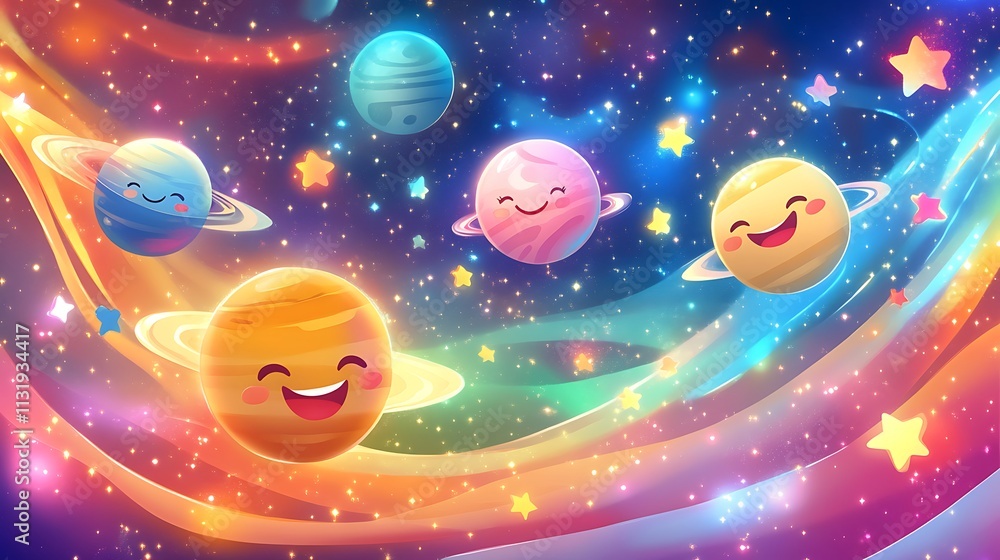 Naklejka premium Happy cartoon planets with rings floating in a colorful galaxy.