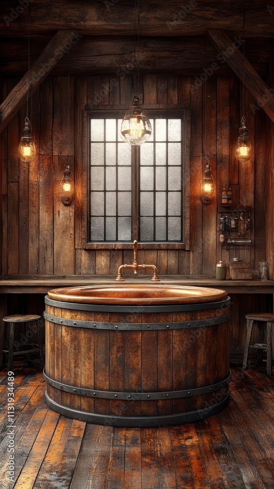 Fototapeta premium Rustic copper tub in wooden room.