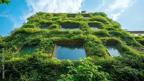 Lush green foliage completely covers a modern building's facade, showcasing sustainable architecture and urban greenery. photo