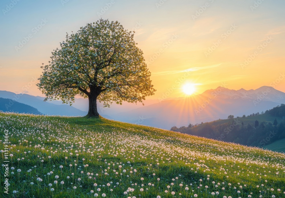 custom made wallpaper toronto digitalMajestic solitary tree standing on a grassy hill surrounded by blooming dandelions and illuminated by the golden rays of a breathtaking sunrise over distant mountains