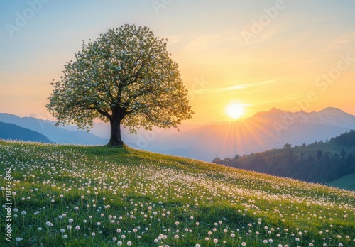 Wallpaper Mural Majestic solitary tree standing on a grassy hill surrounded by blooming dandelions and illuminated by the golden rays of a breathtaking sunrise over distant mountains Torontodigital.ca