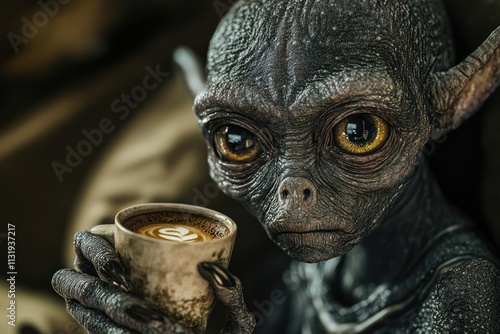 Extraterrestrial with a Caffeine Fix: Portrait of an Alien Holding a Coffee Cup photo