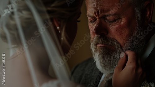 Emotional father-daughter moment during a wedding ceremony. photo