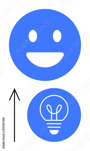 happy face and lightbulb, indicating upward progress and creativity. Black arrow pointing upwards. Ideal for motivation, positivity, innovation, growth, inspiration success and progress. Line