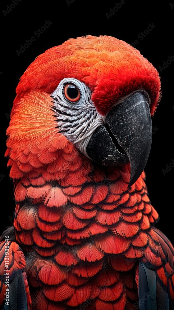 Fototapeta premium Scarlet macaw portrait against black background.