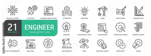 Set of Building Architecture And Engineering Line Icons. Contains icons as Technicians, Automotive, Prototyping, Industrial, and more.