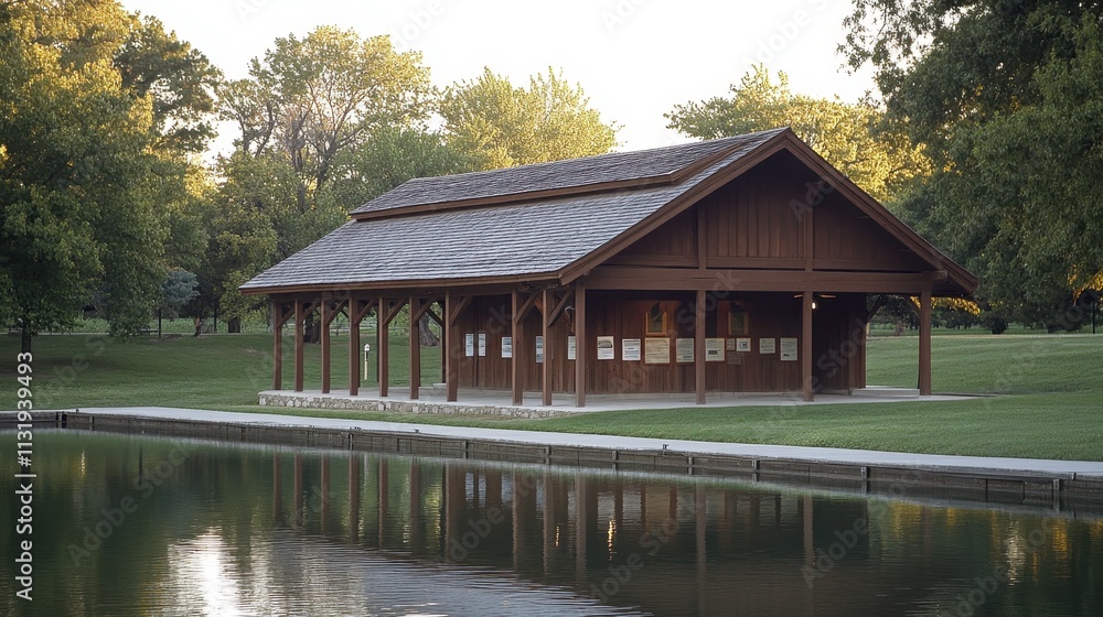 Fototapeta premium Serene Park Pavilion Beside Calm Water