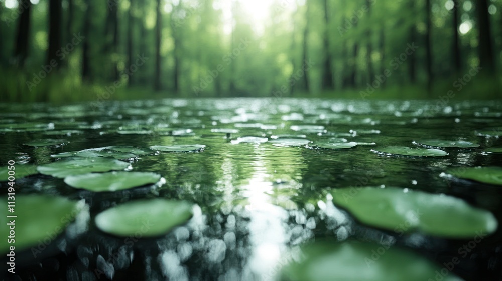Fototapeta premium Serene forest stream with lily pads.