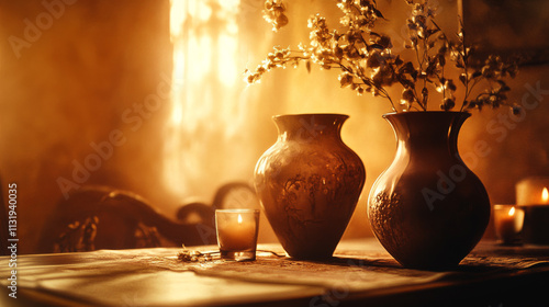 Golden Hour Still Life: Vases, Flowers, Candle