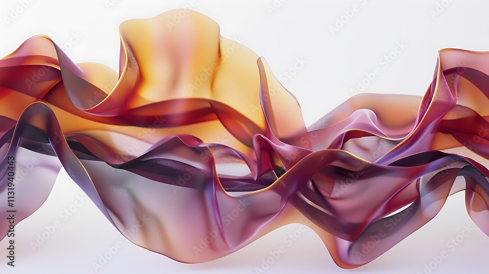 Obraz premium A silky, colorful wave of deep red, gold, and violet, gently undulating on a clean white background, creating a peaceful motion.