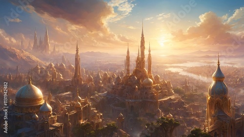 Golden City at Sunset: A Fantasy Metropolis photo