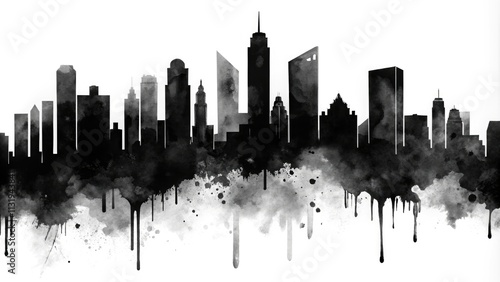 Minimalist black and white ink drip art depicting Charlotte, NC's skyline silhouette.