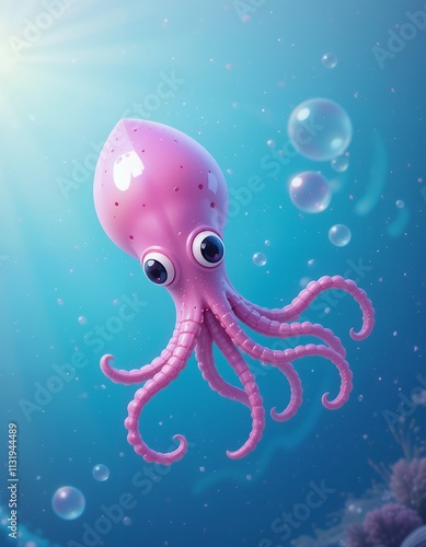 A charming pink octopus swims happily in a vibrant underwater scene. Bubbles surround it, creating a sense of playful joy. photo