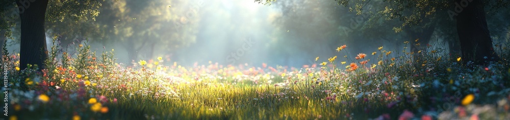 Fototapeta premium Serene Meadow at Dawn with Dappled Light Filtering Through Trees, Colorful Wildflowers Blooming in a Tranquil Natural Landscape of Peace and Beauty