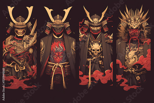 Four stylized samurai warriors with intricate armor and weapons, embodying strength and honor. photo