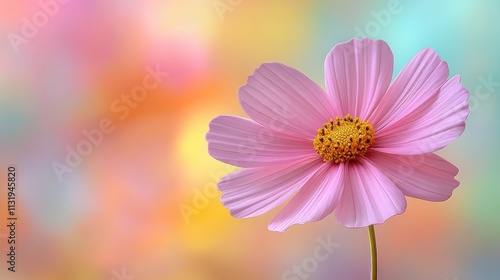 Single pink cosmos flower on pastel background.