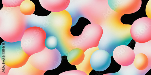 Colorful abstract shapes create vibrant and dynamic composition, featuring soft curves and gradients in shades of pink, blue, and yellow against black background. This artwork evokes sense of playfuln photo