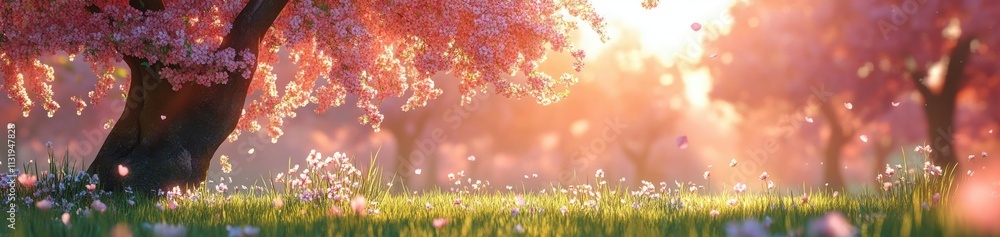 Fototapeta premium Tranquil Cherry Blossom Garden at Sunset with Pink Blooming Trees, Soft Lighting, and Lush Green Grass Creating a Serene Natural Landscape