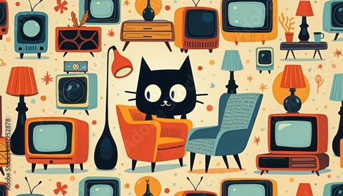 A playful black cat sits between two stylish chairs in a vibrant retro living room filled with vintage televisions and colorful decor. This charming illustration captures a nostalgic atmosphere