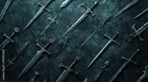 An array of medieval swords and daggers arranged on a dark stone background. photo