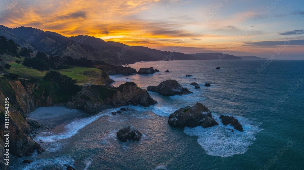 Naklejka premium Sunset Coastline: Dramatic Cliffs, Ocean Waves, and Golden Sky