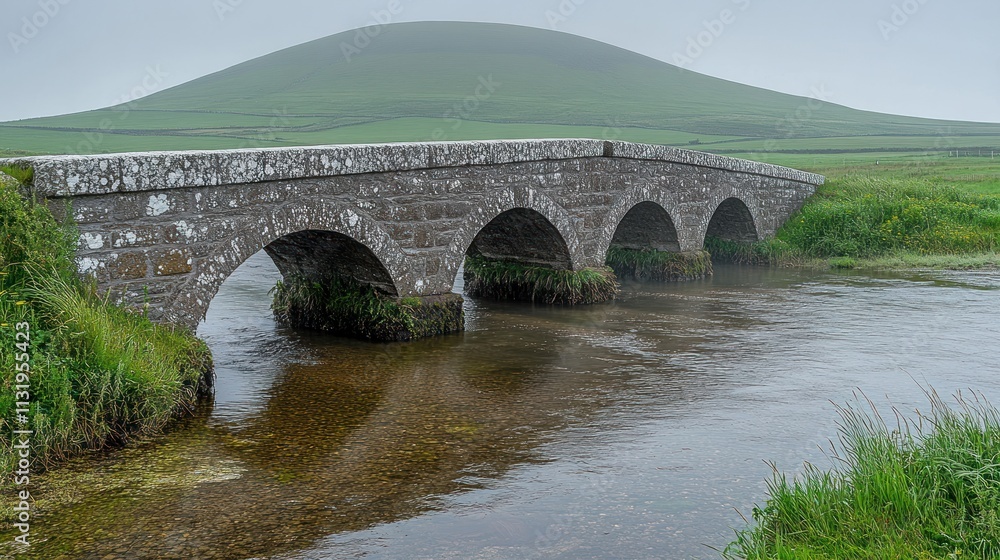 Fototapeta premium Stone arch bridge over calm river, misty hill background.