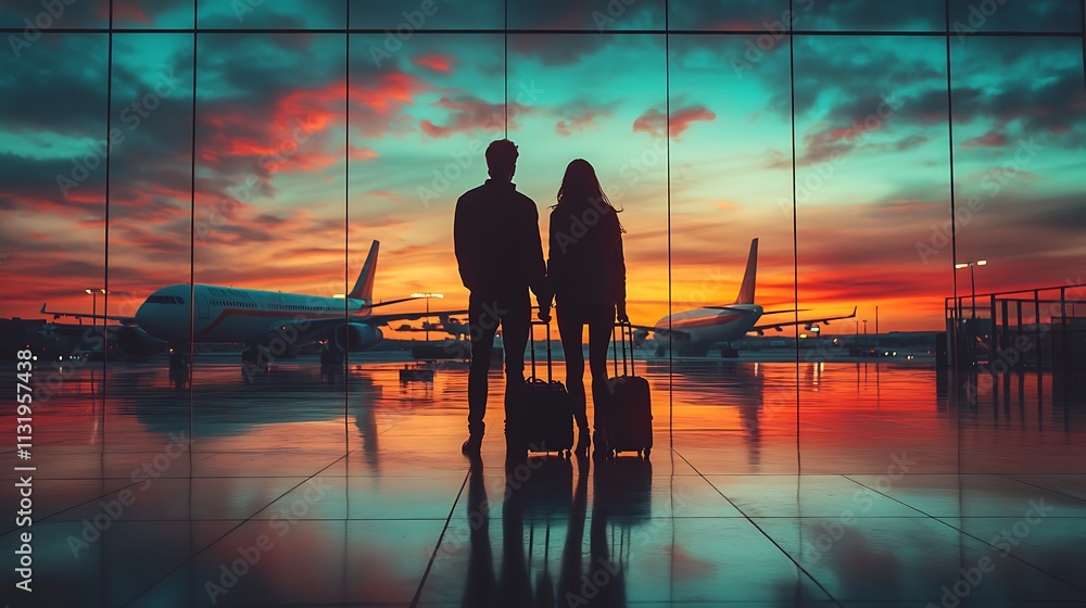 Fototapeta premium Couple in love at airport during sunset travel moments