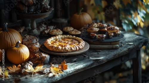 Freshly baked autumn treats like pies and muffins on a rustic table, decorated with pumpkins and leaves photo