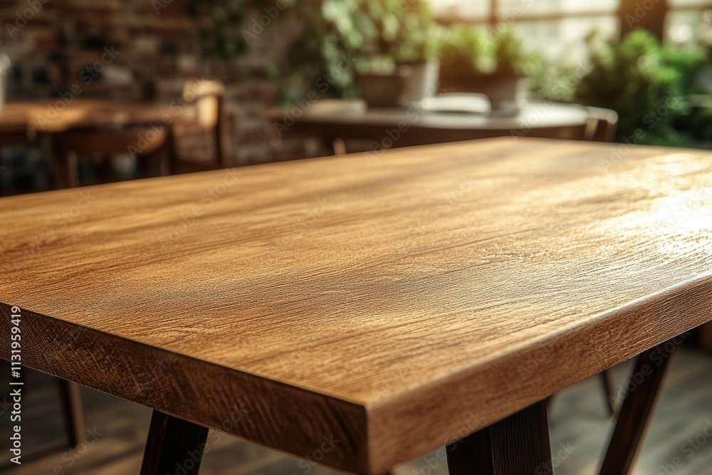 Fototapeta premium Wooden table in a cozy indoor setting with plants.