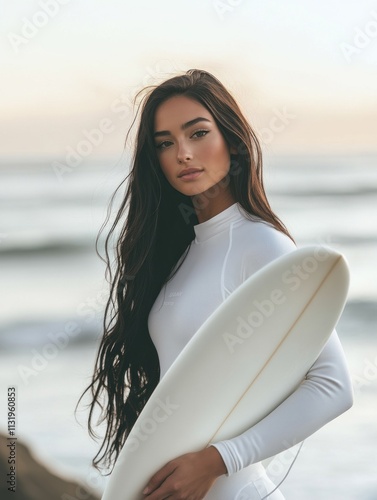 Athletic beautiful woman with black long hair surfer wearing white wetsuit holding her surfboard photo