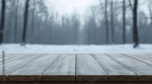 Rustic Wooden Table in a Snowy Winter Forest. A Peaceful Winter Wonderland Scene. photo